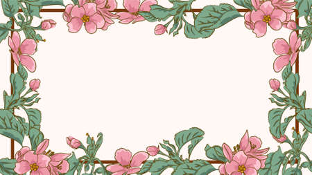 Rectangular floral border frame template with decorated corners. Apple flower pink tangled garland elements. Vector design illustration.の写真素材