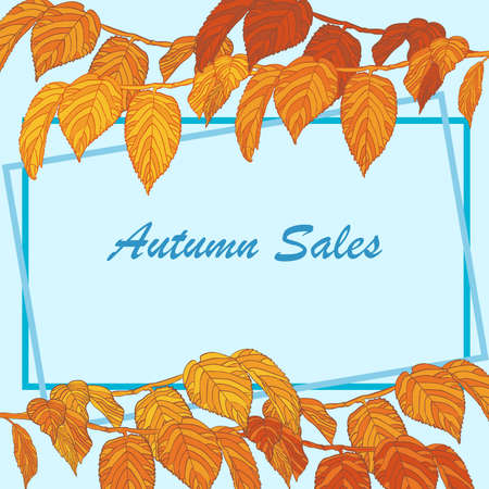 Autumn sale discount vector banner with orange foliage and brown frameのイラスト素材