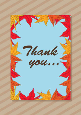 Thank you greeting card - vector illustration in hand drawn style autumn leaves yellow, orange and red colors.のイラスト素材