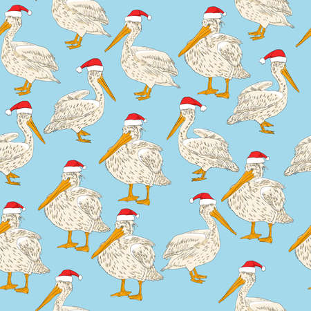 Christmas card hand drawn seamless pattern pelican with red Santa hatのイラスト素材