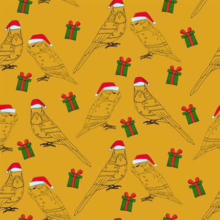Christmas seamless pattern with parrot, presents and gifts. Perfect for wrapping paper, wallpaper, web page background. Christmas and New Year greeting cardsのイラスト素材