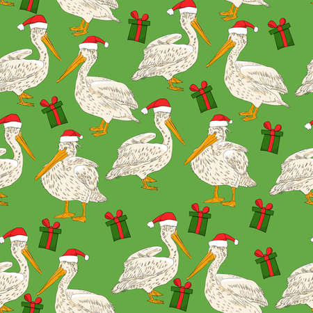 Christmas card hand drawn seamless pattern pelican with red Santa hat and green gifts. Perfect for wrapping paper, wallpaper, web page background. Christmas and New Year greeting cardsのイラスト素材