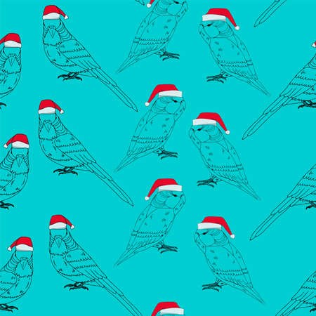 Seamless christmas pattern blue background with outlines parrot with red hat and christmas hollyのイラスト素材