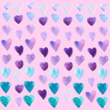 Set of watercolor hearts. Love card with blue watercolor hearts. Seamless pattern hearts in the pink background.の写真素材