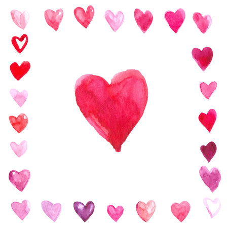 Vector square frame made of hand painted watercolor hearts. Cute and romantic, perfect for Valentine's day greeting.の写真素材