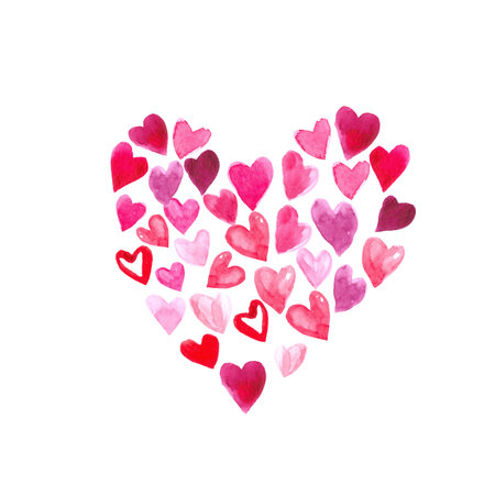 Vector heart made of little watercolor hearts. Abstract heart background decorated with ornament in blue colors. Holiday vector illustration. Great for cards, banners, tags and other.の写真素材