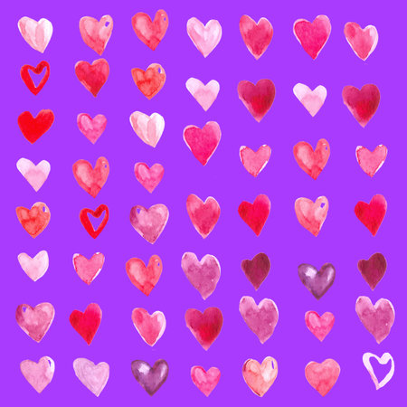 Set of watercolor hearts. Love card with red watercolor hearts. Seamless pattern hearts in the pink background.の写真素材