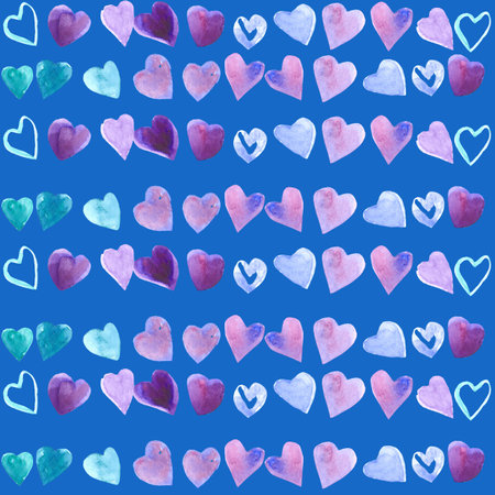 Set of watercolor hearts. Love card with blue watercolor hearts. Seamless pattern hearts in the pink background.の写真素材