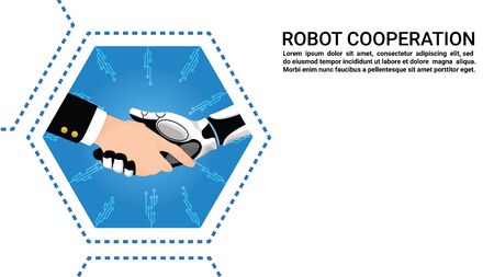 Artificial intelligence (AI) Robot and business  handshake together. Concept future business illustration. Vector technology. Flat designのイラスト素材
