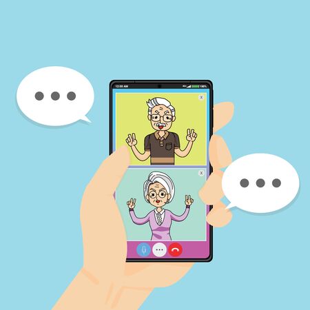 Using smart phone video call with old aged family couple man & woman. Elderly peoples staying at home with self quarantine to prevent and stop outbreak coronavirus spread. Social distancing, pandemic of Covid-19のイラスト素材