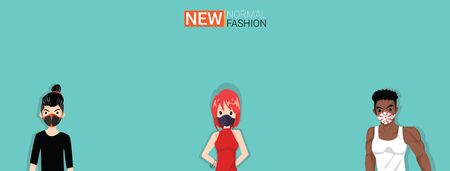 New normal concept and physical distancing people keep distance from each other and wearing design fashion face mask prevention from disease outbreak. Vector illustration of new behavior after Covid-19 pandemic conceptのイラスト素材