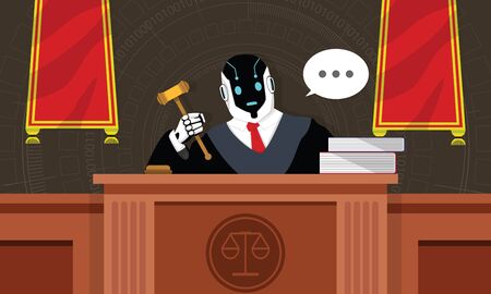 Robot lawyer or judge sit on the throne in the courtroom. Humanoid working at workplace with gavel books and briefcase artificial intelligence justice concept. Flat vector illustrationのイラスト素材