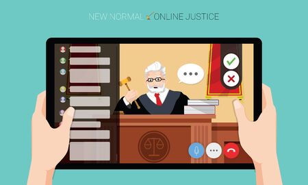 New normal concept and physical distancing, Hands holding tablet and watching the judge adjudges case online for prevention from disease outbreak. Vector illustration of new behavior after Covid-19 pandemic conceptのイラスト素材