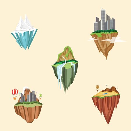 Set of 5 different style floating city with green grass field and cityscape on the rock in sky. Fantasy flying islands. Flat style vector illustration isolatedのイラスト素材