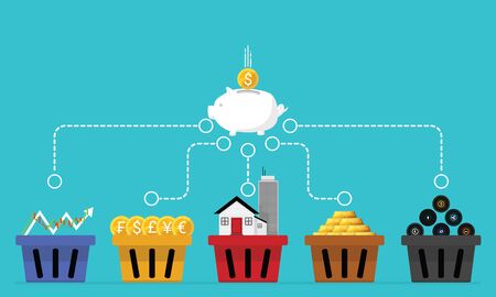 Business financial concept illustrations of diversification. Do not put all savings money in one basket. Allocating in 5 baskets. Vector of stock market, forex, real estate, gold and cryptocurrency investmentsのイラスト素材