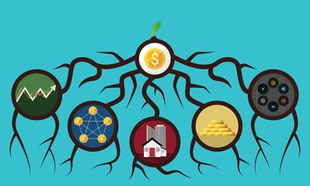 Business financial growth concept. Illustrations of diversification. Do not put all savings money in one basket. Allocating in 5 sources. Vector of stock market, forex, real estate, gold and cryptocurrency investmentsのイラスト素材