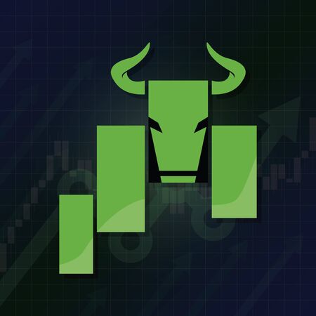 Bullish symbols on stock market vector illustration. Fund, forex or commodity price charts, on abstract background. Symbol of the green bull candle stick graph chart, growing investment trading. Up trend conceptのイラスト素材
