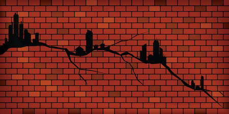 Concept of decline in real estate business and properties market price crisis. Design by cracks look like chart of value going down with homes and condiminium buildings on red brown brick wall. Vector backgroundのイラスト素材