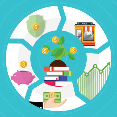 Financial literacy course concept. design by the books for wealth growth by knowledge of cash reserves, savings money, protect fund, invest in business and stock market investment. Vector illustrationのイラスト素材