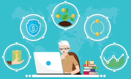 Financial literacy course for elder concept. Design by old man use laptop for learning of retirement pension, protect fund, investment, compound interest and wealth growth. Vector illustrationのイラスト素材