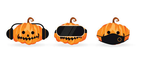 Halloween pumpkin covering ears with headphones, eyes with VR device and mouth with protection mask as looking like the three wise monkeys. Don't see, don't hear and don't speak concept. Vector illustrationのイラスト素材