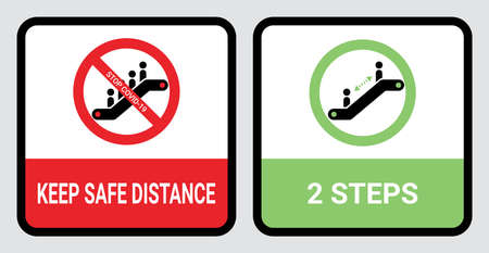 Escalator Coronavirus warning icon symbol to keep 2 steps safe distance. Preventing Covid-19 pandemic to maintain physical distance. New normal practice social distancing sign. Vector illustrationのイラスト素材