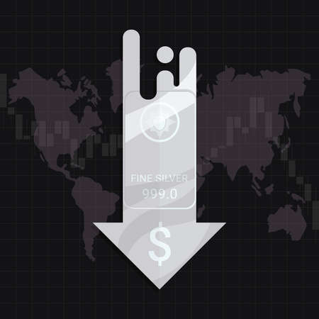 Silver market price crisis concept. Design by Ag metal bar and falling down arrow with US dallar sign. Decline in silver commodity value during world economic growth. Flat vector illustrationのイラスト素材