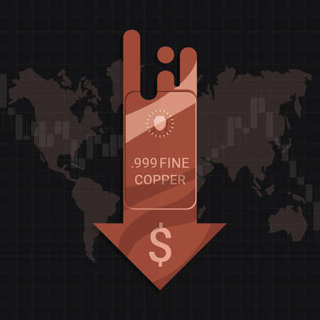 Copper market price crisis concept. Design by Cu metal bar and falling down arrow with US dallar...
