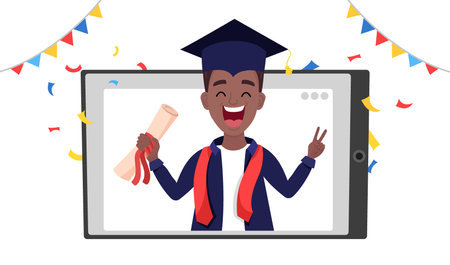 African - American young graduated boy smiling and holding a diploma in tablet.のイラスト素材