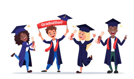 Happy graduated students wearing academic gown with diplomas in their hands.のイラスト素材
