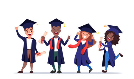 Happy graduated students wearing academic gown with diplomas in their hands.のイラスト素材