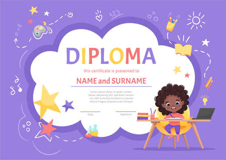 Online kids diploma certificate for kindergarten or Elementary school with a cute black girlのイラスト素材