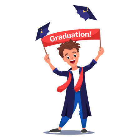 Young cheerful graduate boy in graduation cloak holding a banner with an inscription.のイラスト素材