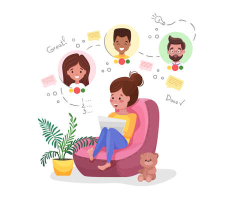 Woman Working at Home Office. Cute character sitting on pouf at roomのイラスト素材