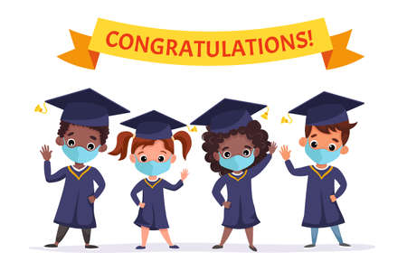 Happy graduated children wearing medical masks, academic gown and capのイラスト素材
