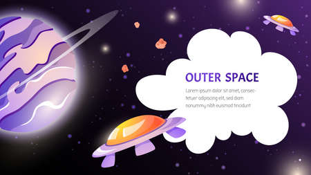 Space banner with planet, ufo spaceship and cloud for text for landing page template background.のイラスト素材