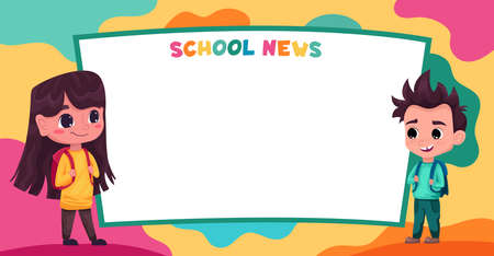 Cute kids, pupils students read school news. Space for your text. Template for advertising brochure. Funny cartoon characters.のイラスト素材