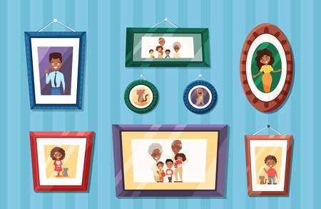 Big African American family photos portraits in colored frames on wall. Mother and father with baby, grandparents and children.のイラスト素材