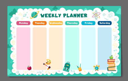 Weekly planner, back to school timetable template with school supplies, planets, books and doodle.のイラスト素材
