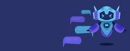 Cute artificial intelligence chat bot. Banner concept with copy space for your text, AI servers help technology background. Online communication, support assistance, cartoon digital agent. Vector illustrationのイラスト素材