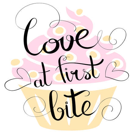 Vector calligraphy image. Hand drawn lettering poster. Love at first bite.のイラスト素材