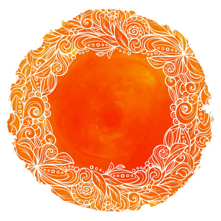 Floral wreath. White contour on orange background. Hand drawn vector graphics illustration. Fully editable vector shapes.のイラスト素材