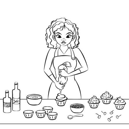 Young african woman decorating a cupcake. Black line art. Hand drawn vector graphics illustration. Fully editable vector shapes.のイラスト素材