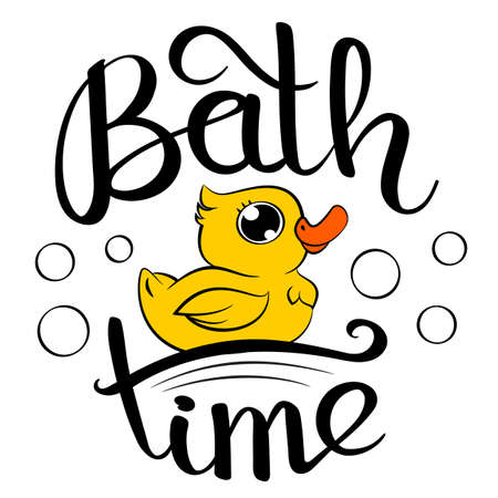 Rubber duck decorative poster with handwritten inscription Bath Time.のイラスト素材