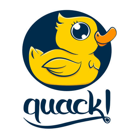 Classic yellow rubber duck decorative poster with handwritten inscription,quack, in editable vector shapes.のイラスト素材