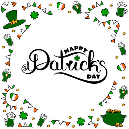 Happy St. Patrick's Day hand drawn logo with traditional celebration symbols.のイラスト素材