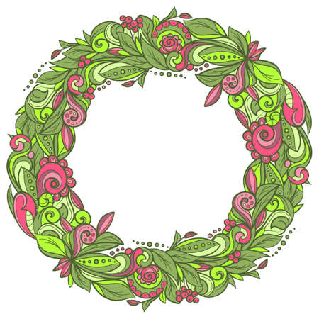 Colorful floral wreath hand drawn vector graphics illustration. Fully editable vector shapes.のイラスト素材