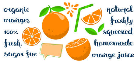 A set of cut and whole oranges with handwritten fruit-related marketing descriptions. Flat style editable vector illustration with hand drawn inscriptions.のイラスト素材