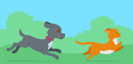 Cat running from dog through the lawn. Flat style illustration.のイラスト素材