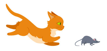 Cat chasing a mouse. Flat style isolated illustration on white background. Editable vector graphics in EPS 8.のイラスト素材